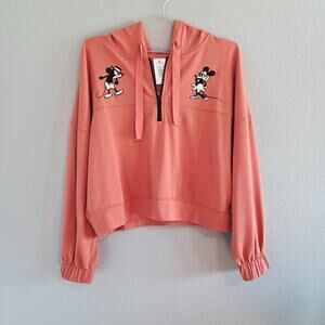 Disney Embroidered Retro Mickey & Minnie Cropped Half Zip Hoodie Sweater Small